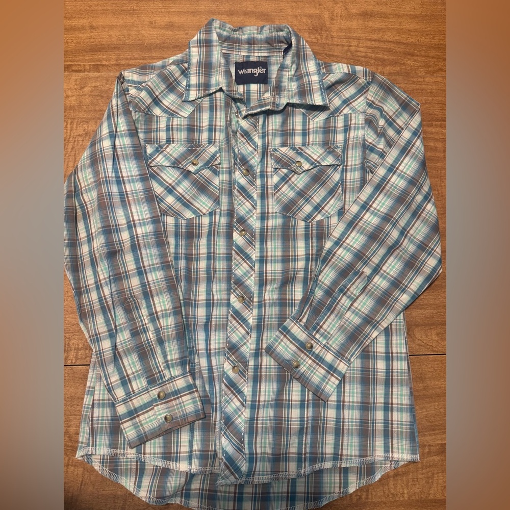 Wrangler Boy's Teal and White Plaid Button Down Shirt